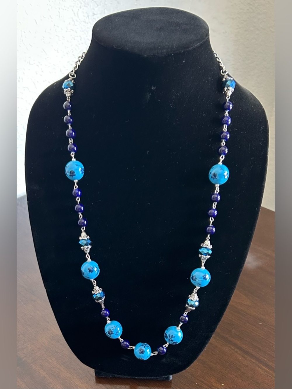 Blue and Silver Statement Necklace with Symmetrical Design